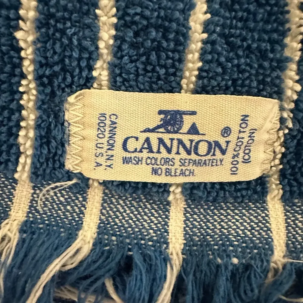 Cannon Blue & White Striped Bath Towel Set 3 Piece Fringe Cotton Made in USA VTG